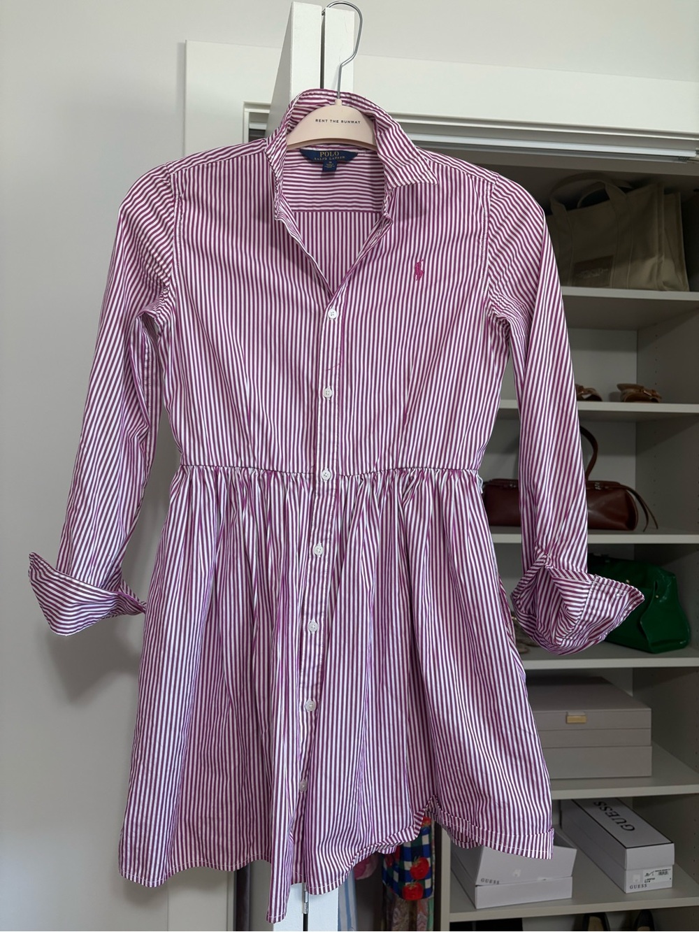 Ralph Lauren Pink and White Striped Cotton Shirt Dress for Kids - Girls size 16